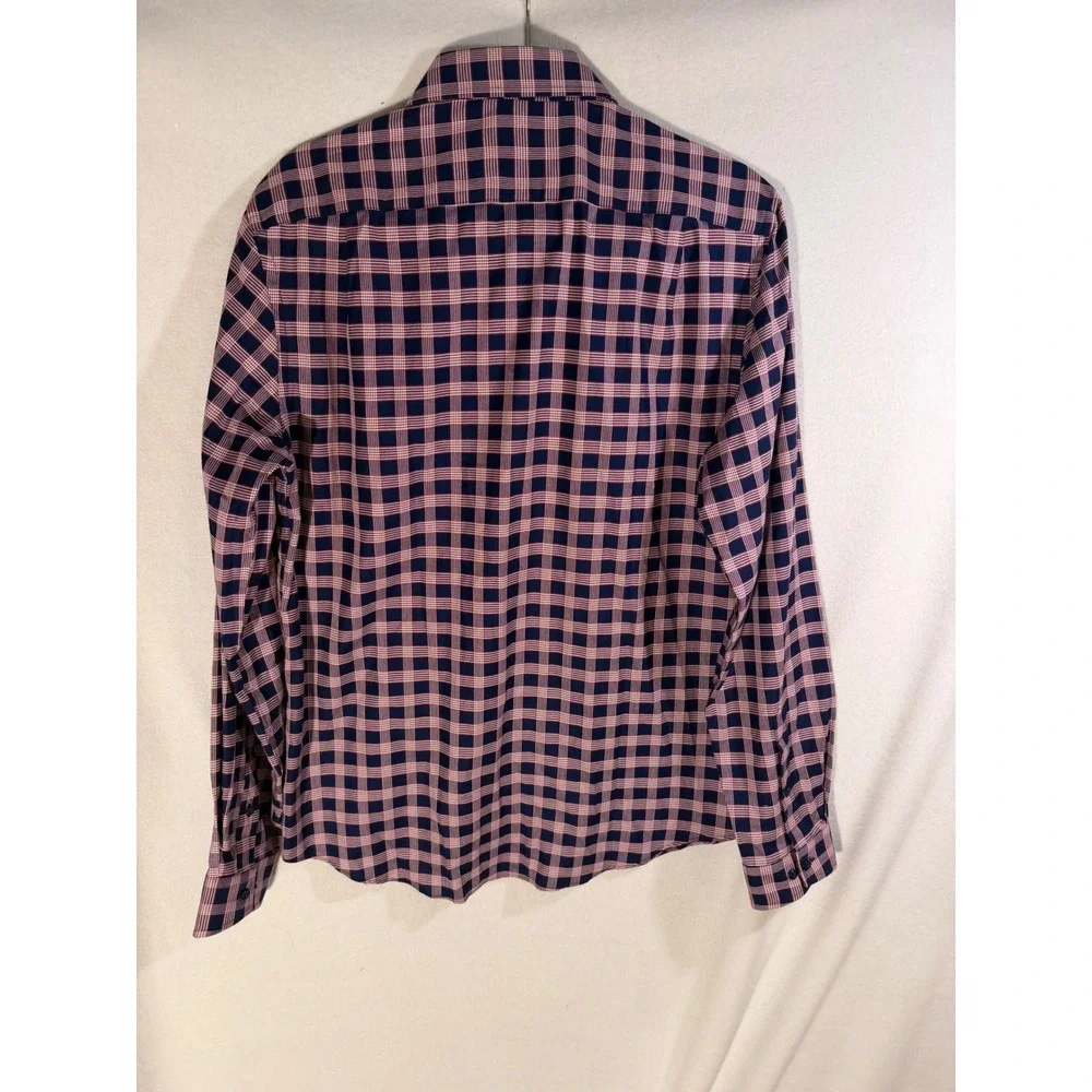 Ben Sherman Tailoring Mens Navy Pink Plaid Slim Fit Stretch Shirt 15.5 34/35
